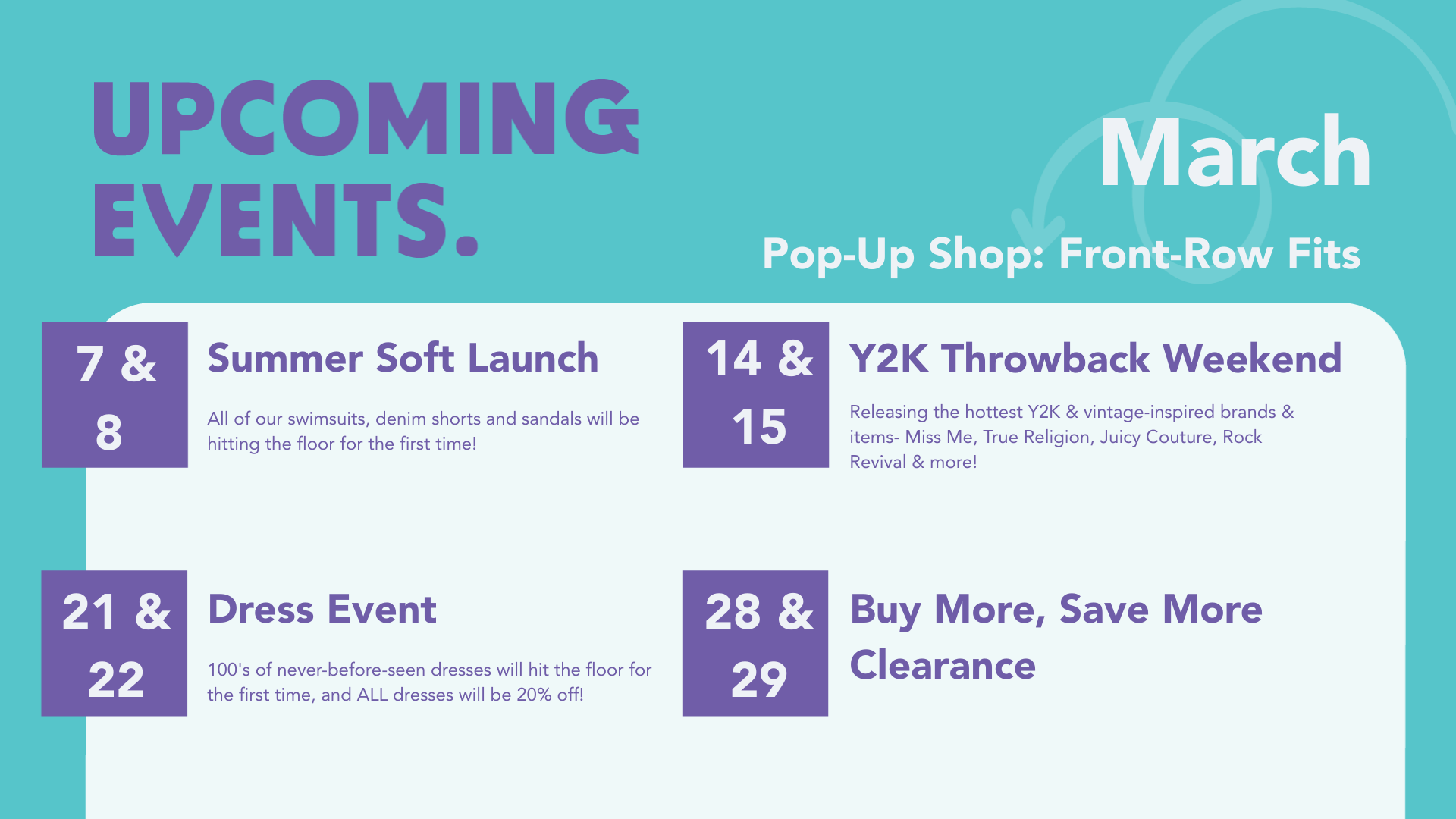 an event calendar on a teal background